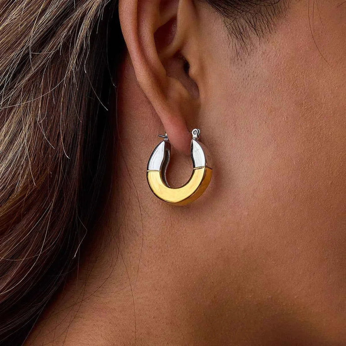 Gold Color Plated Stainless Steel Two tone Geometric Smooth Earrings