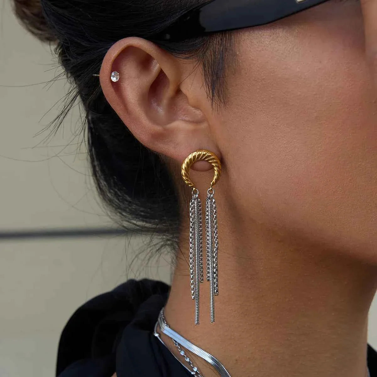 Gold Color Plated Stainless Steel Two Tone Moon tassel Earrings