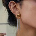Gold Color Plated Stainless Steel Two Tone Moon tassel Earrings