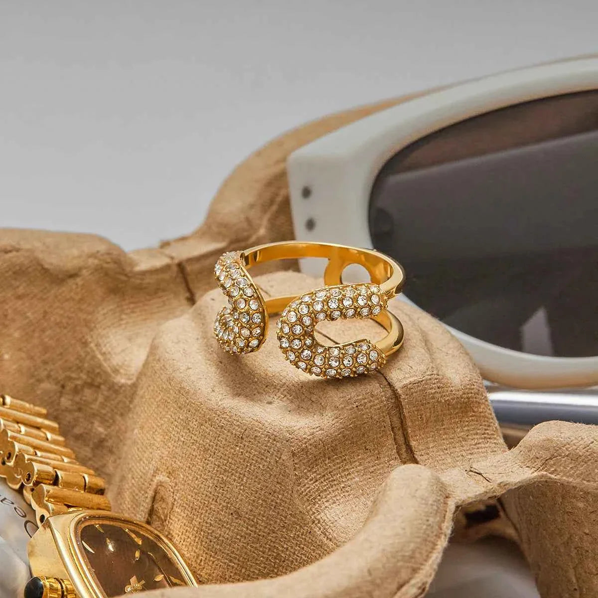 Gold Color Plated Stainless Steel White Rhinestone Paper Clip Ring