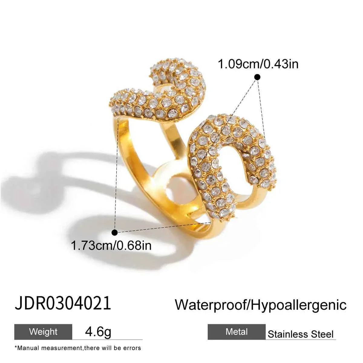 Gold Color Plated Stainless Steel White Rhinestone Paper Clip Ring