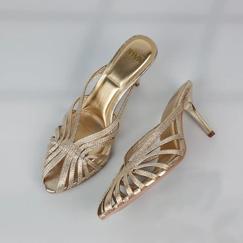 Gold Hollow Thin Strip Heels for Women - 41
