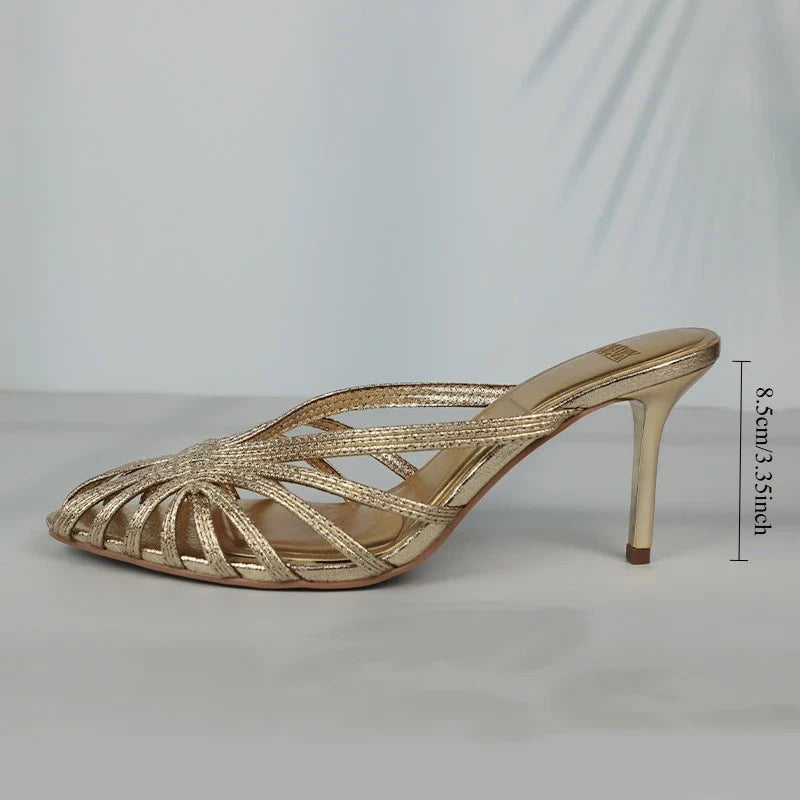 Gold Hollow Thin Strip Heels for Women
