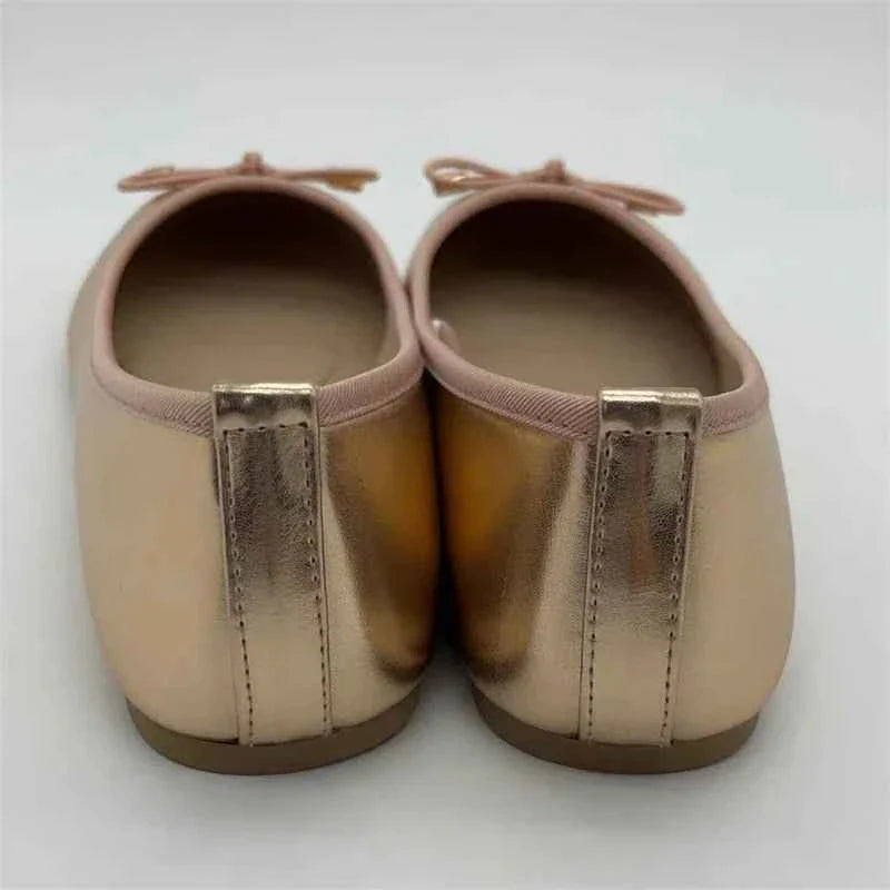 Gold Silver Elegant Bowknot Round Toe Women's Flat