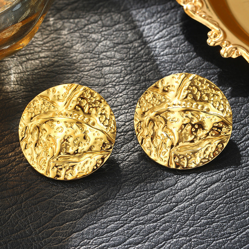 Gold Stainless Steel Pleated Round Earrings - C6283 - electronic accessories