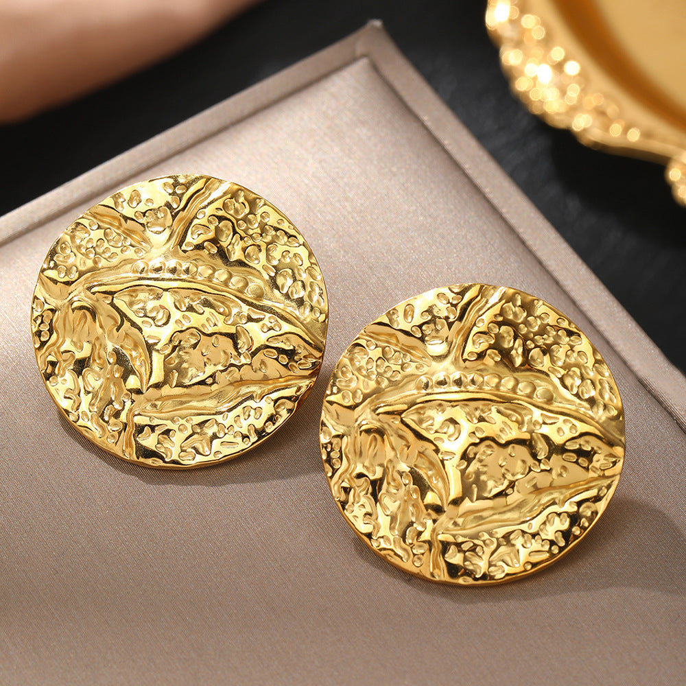 Gold Stainless Steel Pleated Round Earrings - electronic accessories