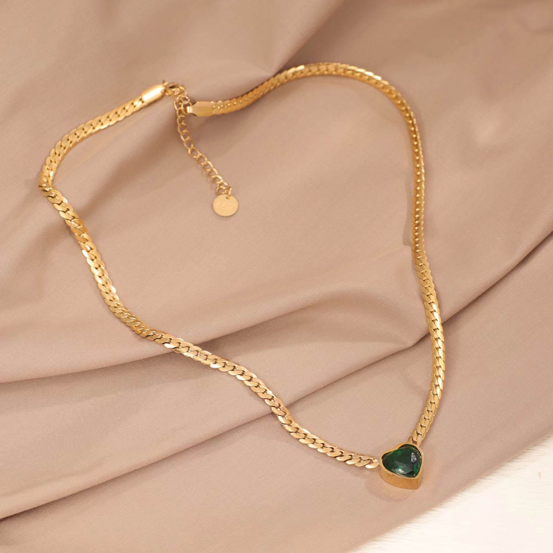 Green Heart Zircon Personality Cuban Link Chain Simple Fashion Necklace - Gold - electronic accessories
