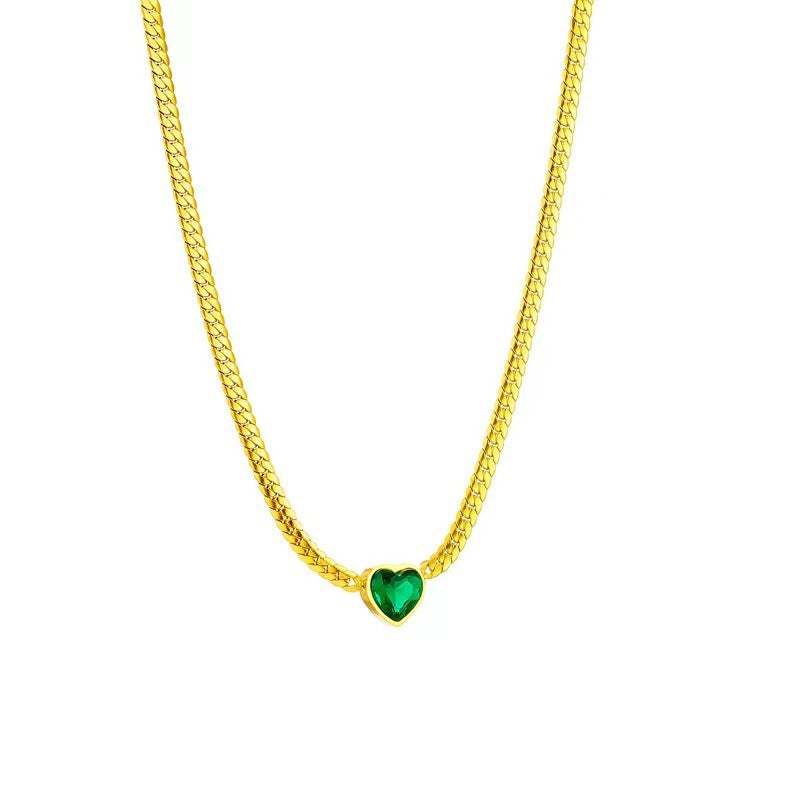 Green Heart Zircon Personality Cuban Link Chain Simple Fashion Necklace - Gold - electronic accessories