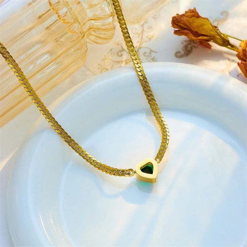 Green Heart Zircon Personality Cuban Link Chain Simple Fashion Necklace - Gold - electronic accessories