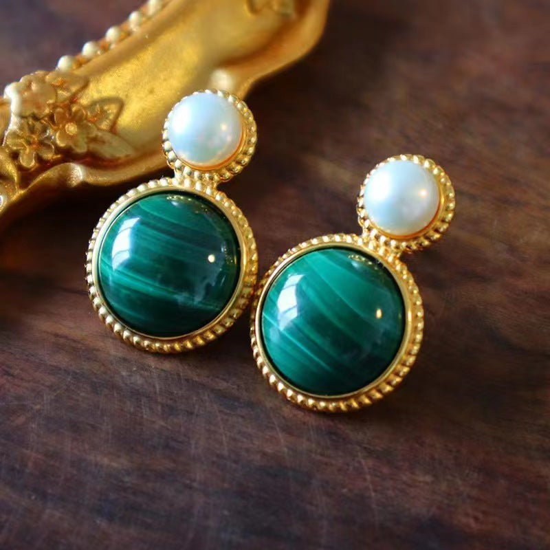 Green Malachite Pearl Stud Earrings For Women - Peacock - electronic accessories