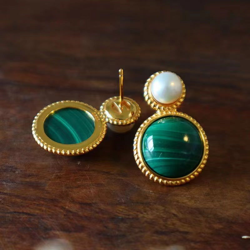 Green Malachite Pearl Stud Earrings For Women - Peacock - electronic accessories