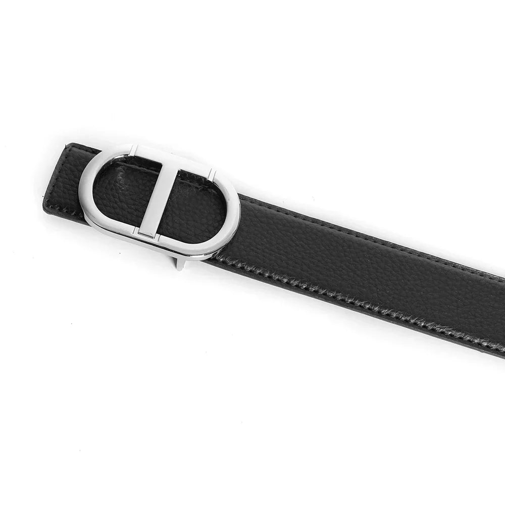 Grey Vintage T Buckle Belt Women Genuine Real Leather - black silver / CHINA / 120cm