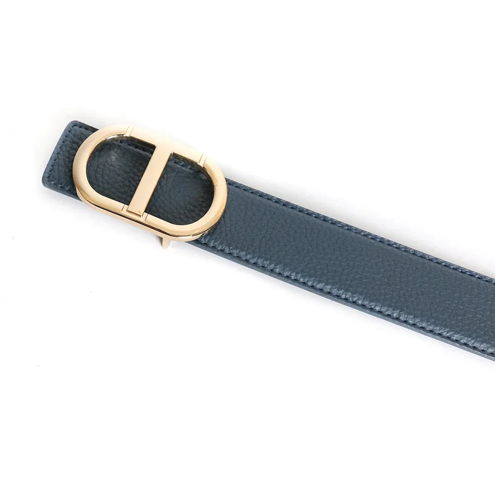 Grey Vintage T Buckle Belt Women Genuine Real Leather - blue gold / CHINA / 105CM