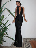 Halter Deep V Neck Backless Maxi Dress For Women - Black / S