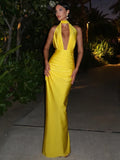 Halter Deep V Neck Backless Maxi Dress For Women - Yellow / S