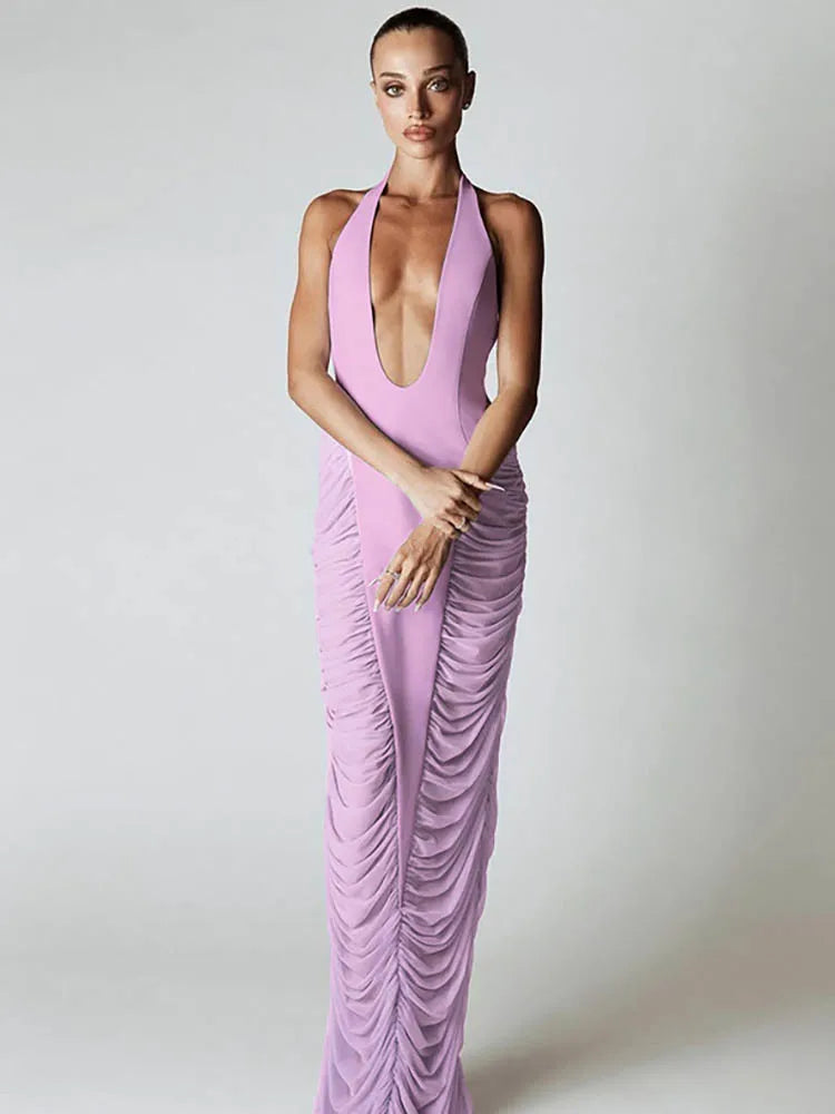 Halter Deep V Neck Maxi Dress Women