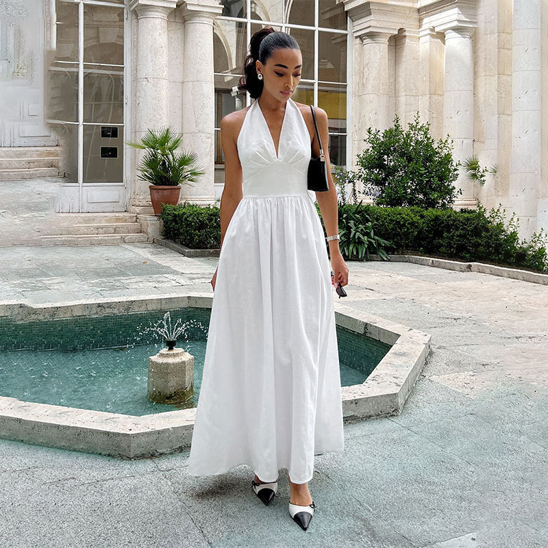 Halter Lace-up Backless Long Dress - White / L - Other