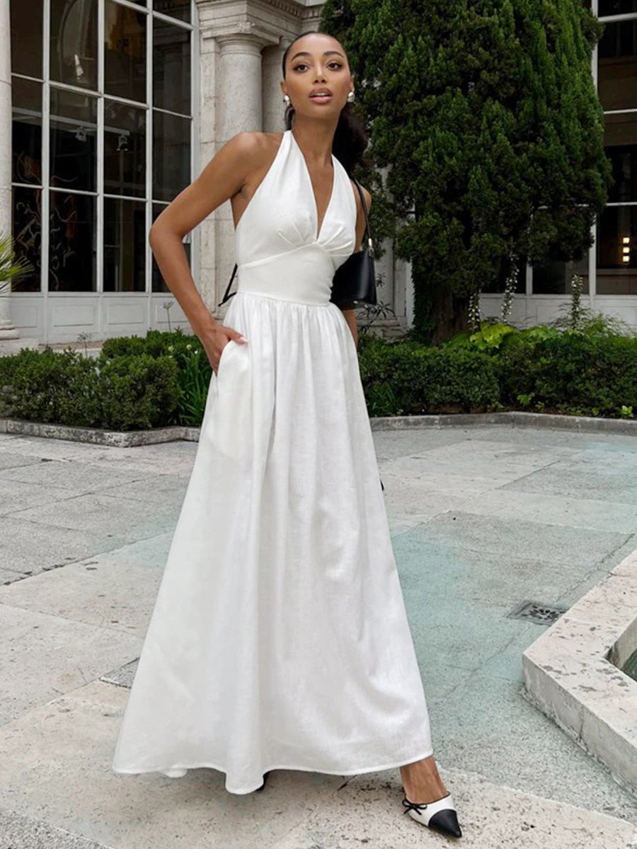 Halter Lace-up Backless Long Dress - White / L - Other