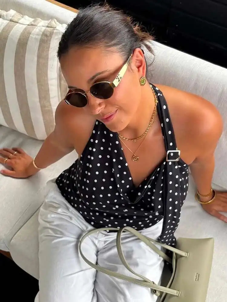 Halter Polka Dot Tank Top - black / L