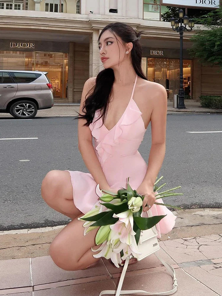 Halter Ruffles V-Neck Dress Women Backless Elegant - Other