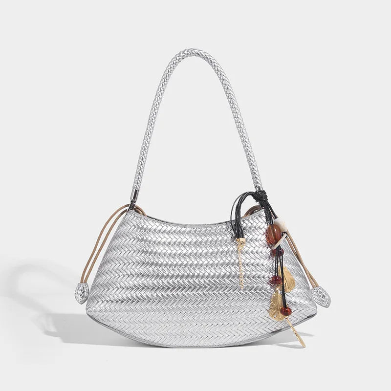 Handmade Weave PU Drawstring Tote Bags For Women - 5