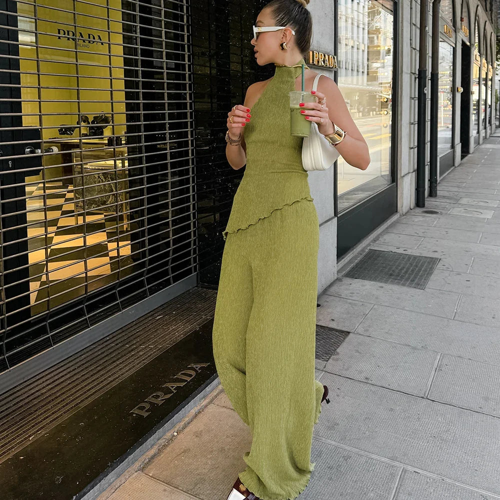Hanging Green Pants Set Sleeveless Backless Two-piece