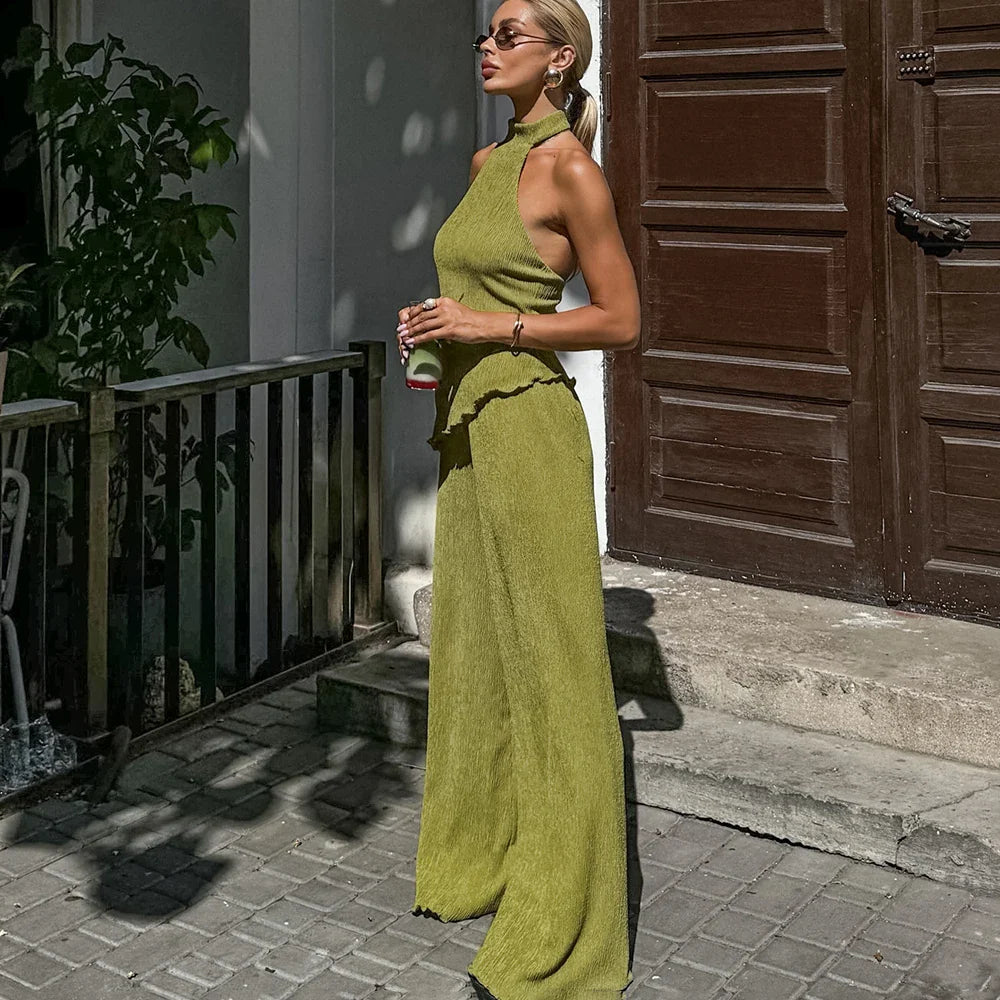 Hanging Green Pants Set Sleeveless Backless Two-piece