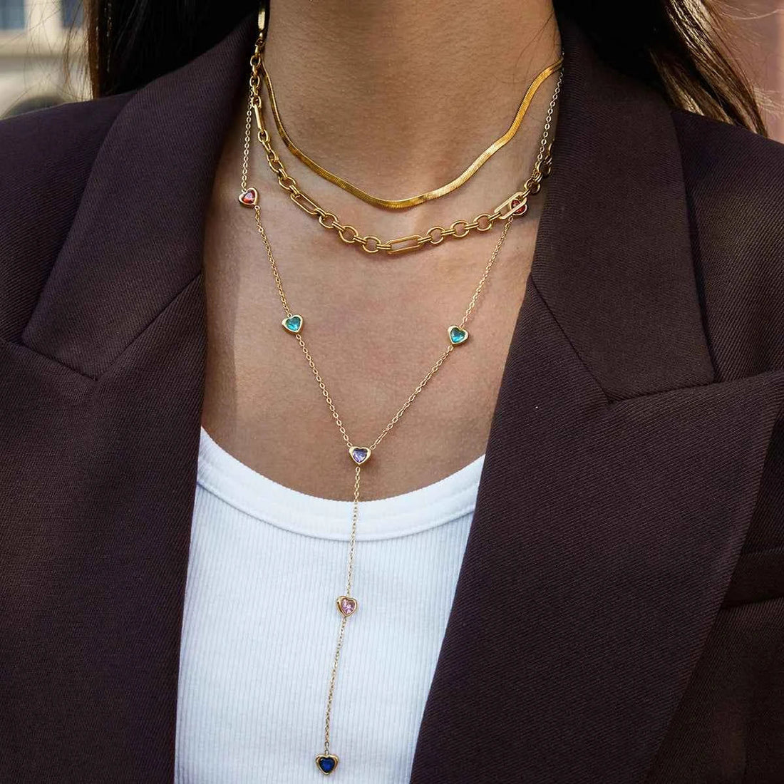 Heart Shape Colored Zircon Y-Shaped Chain Necklace Stainless Steel