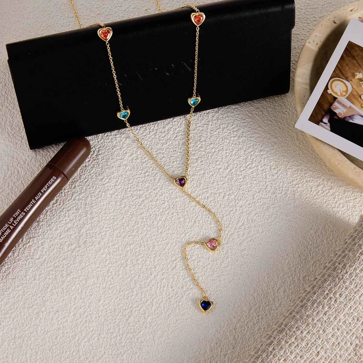 Heart Shape Colored Zircon Y-Shaped Chain Necklace Stainless Steel