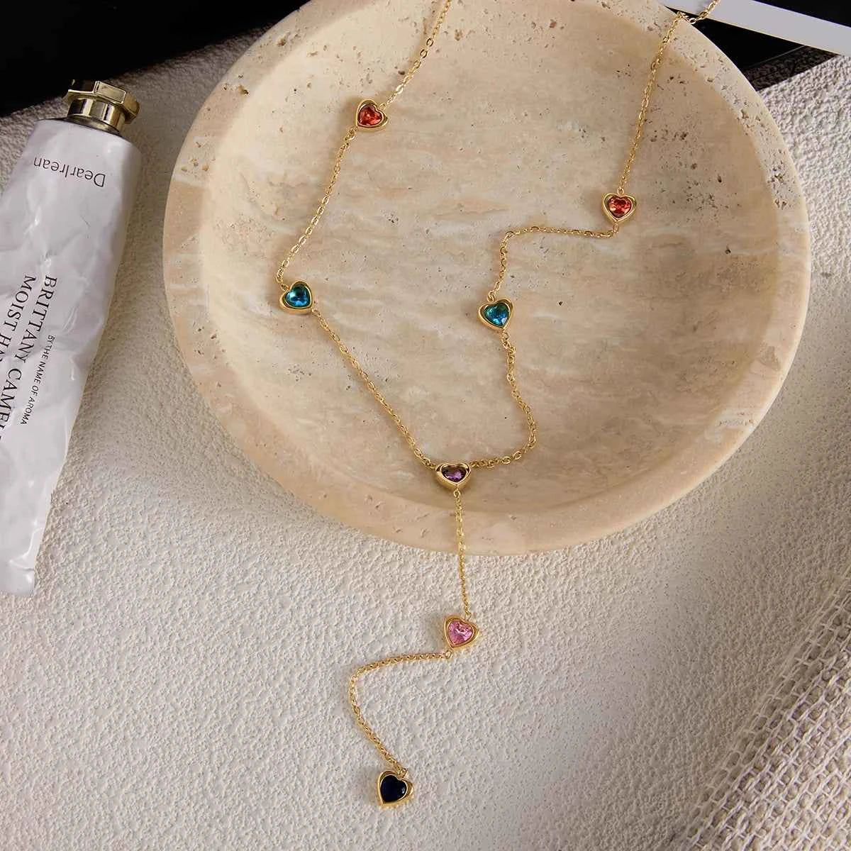 Heart Shape Colored Zircon Y-Shaped Chain Necklace Stainless Steel