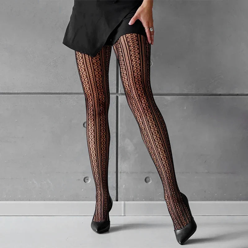 High Elastic Black Hollowed Lace Fishnet Patterned Tights for Women - Style 12 / Fit 40-60kg