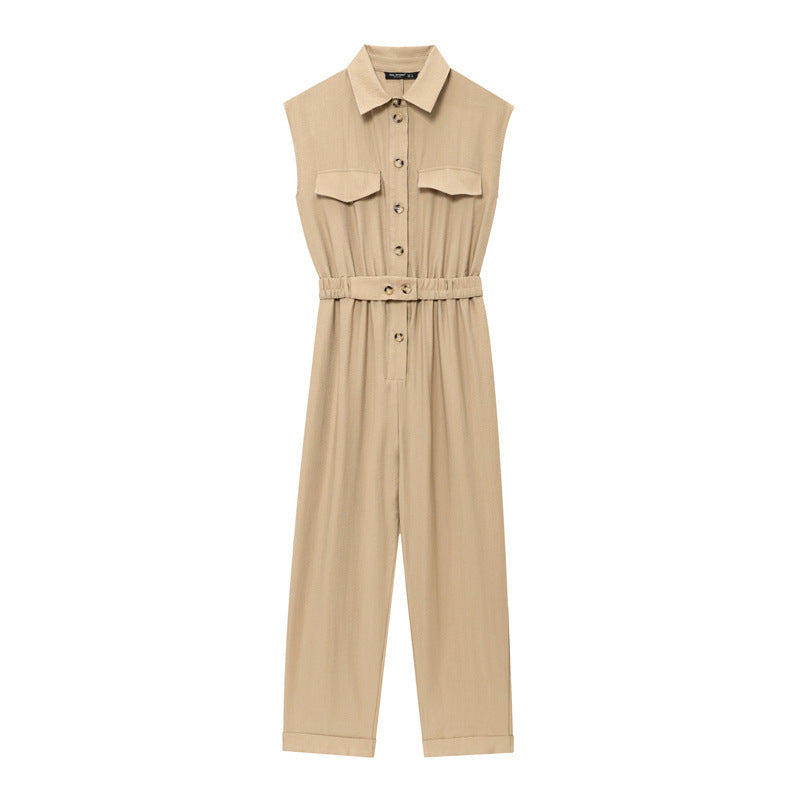 High-grade Sleeveless Slim With Belt Jumpsuit - Other