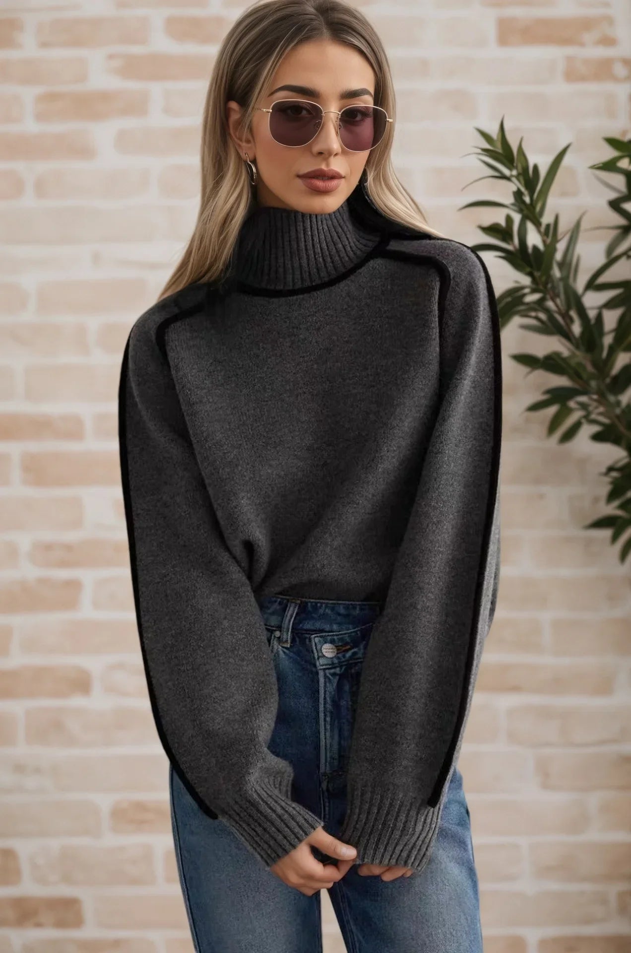 High Neck Pullover Solid Soft Long Sleeve - Dark Grey / XL