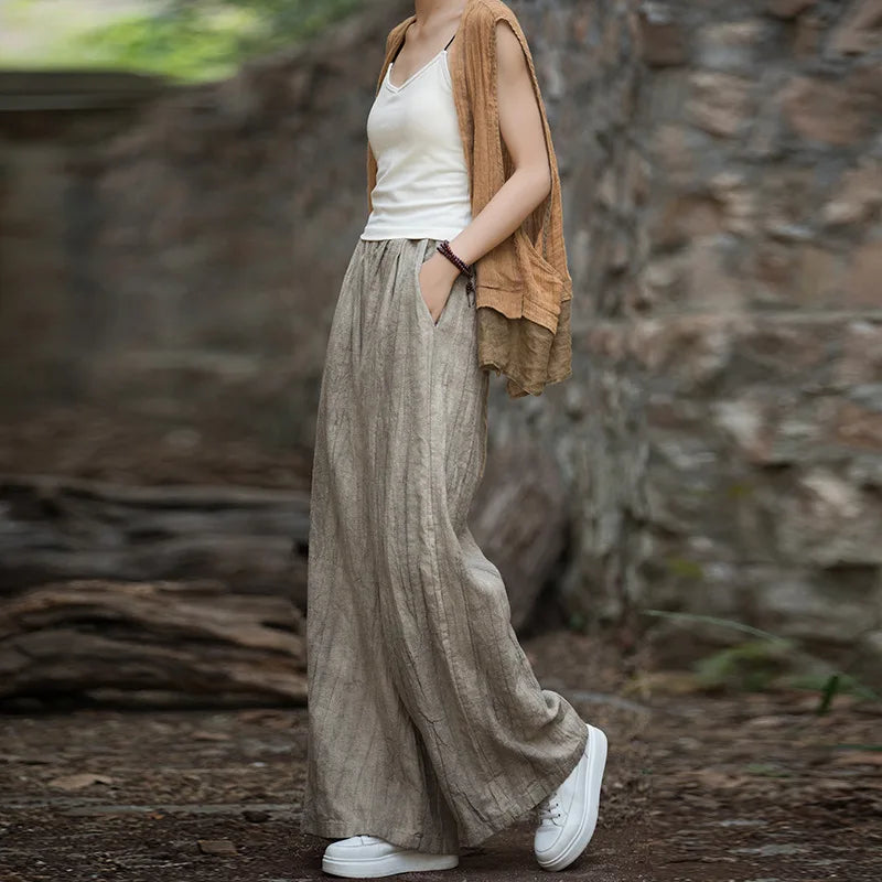 High Quality Cotton Linen Wide Leg Pants Women - Beige / One Size