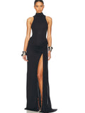 High Slit Turtleneck Women Maxi Dress White Sleeveless Waist - Black / L