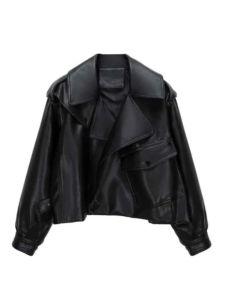 High Street Women Lapel Loose Pu Faux Leather Short Jacket