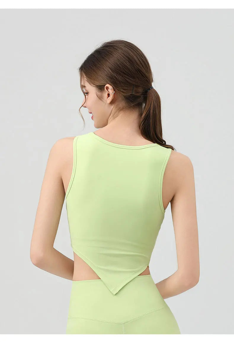 High Strength Women Yoga Irregular Lower Hem Shoulder Hollow Out Tank Top - green / M