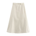 High Waist Pure Color With Belt A- Line Faux Leather Midi Skirt - Other