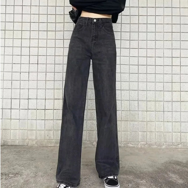 High Waist Wide Leg Jeans Women - M / Black and gray straight
