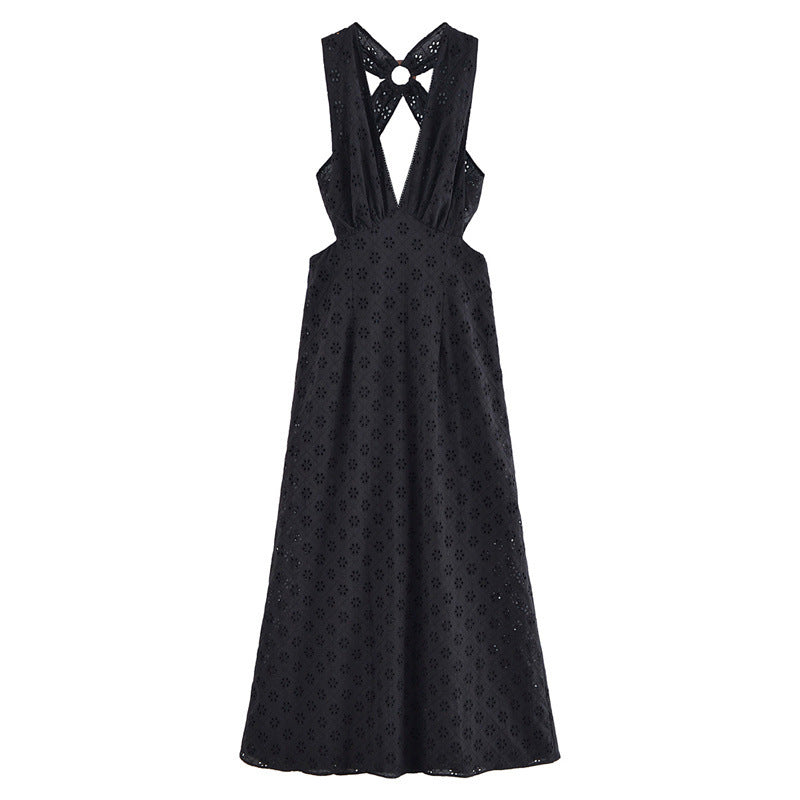 Hollow Embroidery Halter Backless Dress - Black / L - Other