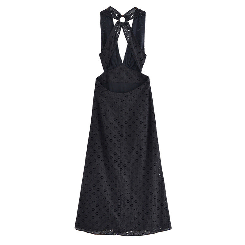 Hollow Embroidery Halter Backless Dress - Other