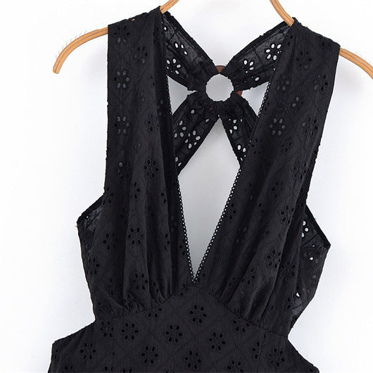 Hollow Embroidery Halter Backless Dress - Other