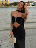 Hollow Out Backless Maxi Dress Women Gown - black / L