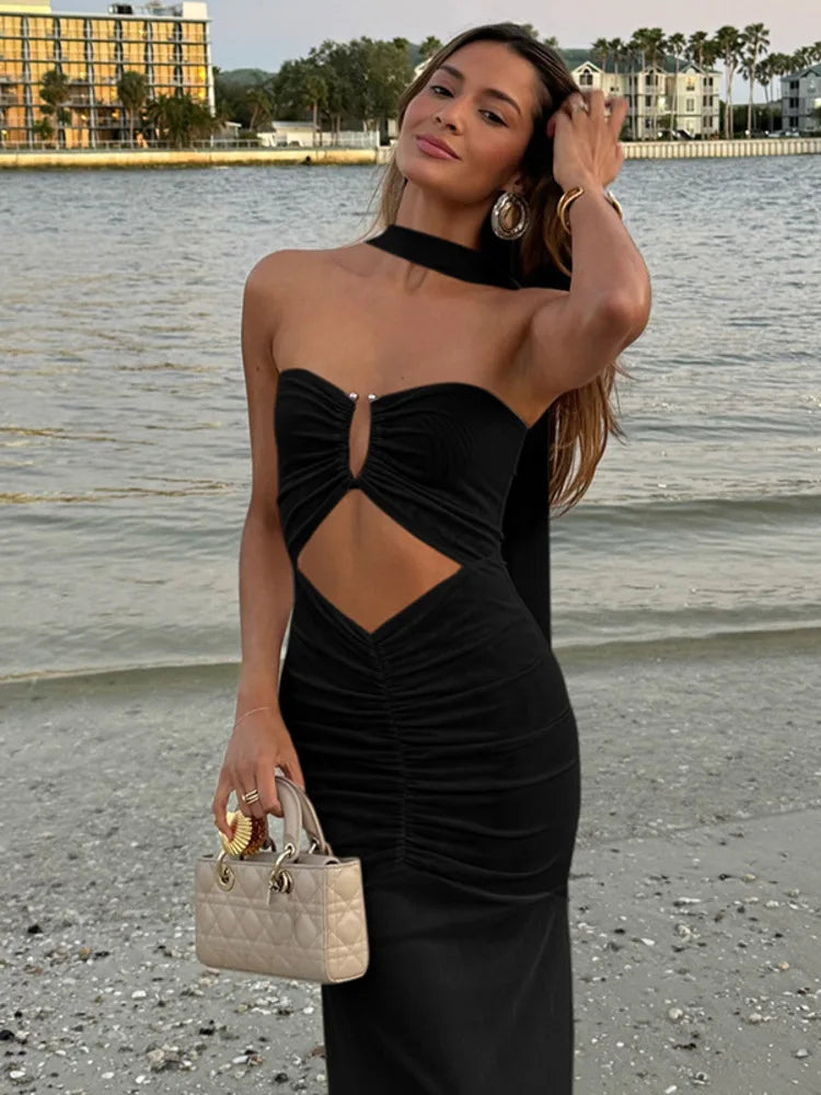 Hollow Out Backless Maxi Dress Women Gown - black / L