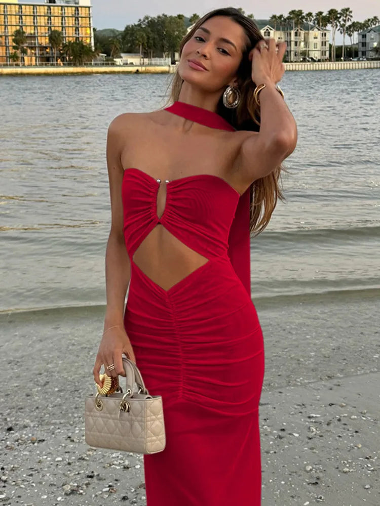 Hollow Out Backless Maxi Dress Women Gown - Red / L