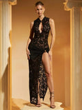 Hollow Out High Slit Lace Women Maxi Dress Black See - M / black - Other