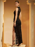 Hollow Out High Slit Lace Women Maxi Dress Black See - Other