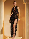 Hollow Out High Slit Lace Women Maxi Dress Black See - Other