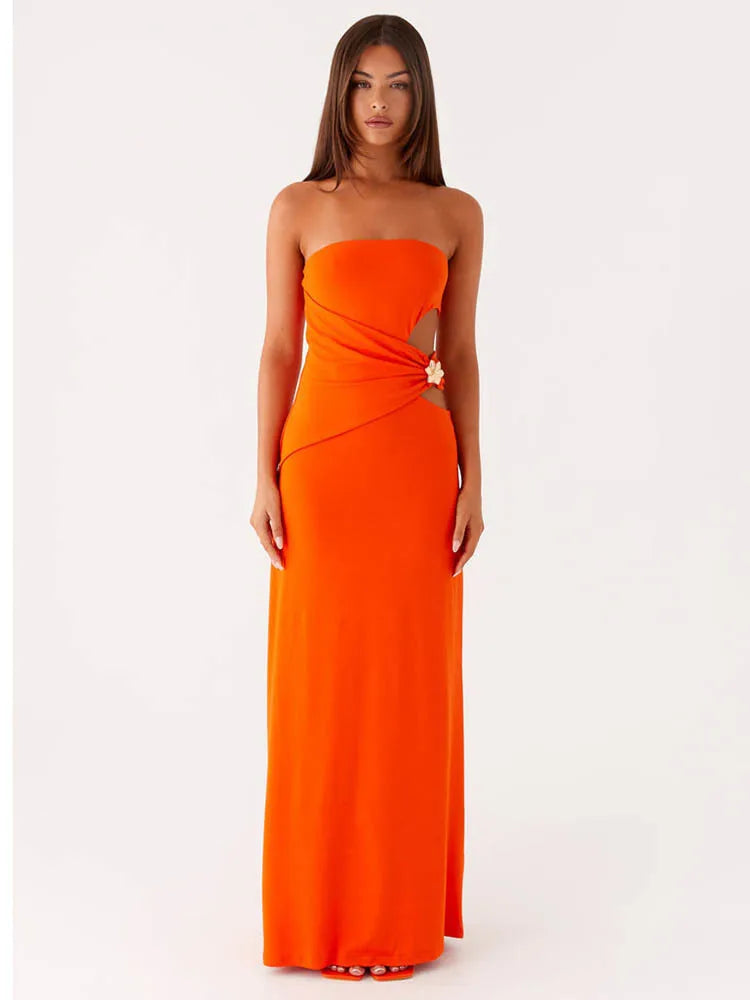 Hollow Out Off-shoulder Maxi Dress Women Fashion Metal Flower Strapless Sleeveless Backless - Orange / S