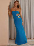 Hollow Out Off-shoulder Maxi Dress Women Fashion Metal Flower Strapless Sleeveless Backless - Blue / S